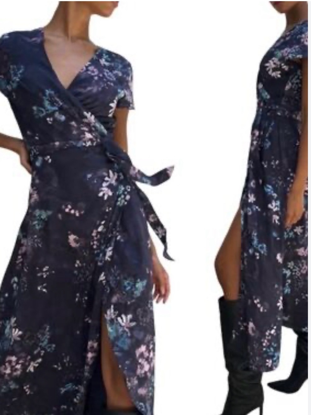 Aritzia Babaton Floral Wrap Midi Dress Navy Tie Waist Short Sleeve Size XS